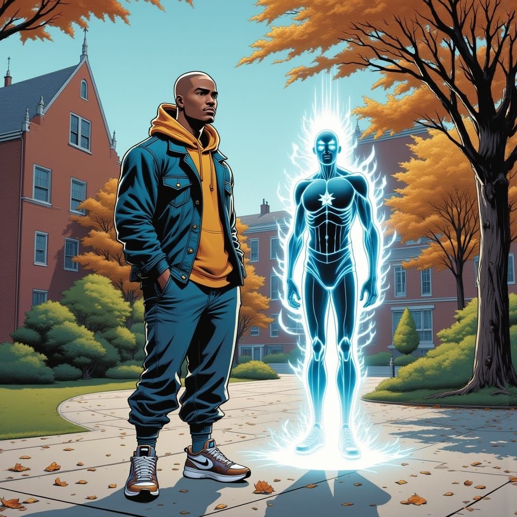 Astral Projection on College Campus in Comic Style