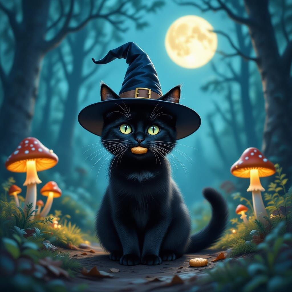 Mischievous Cat Balances Treat in Enchanted Forest