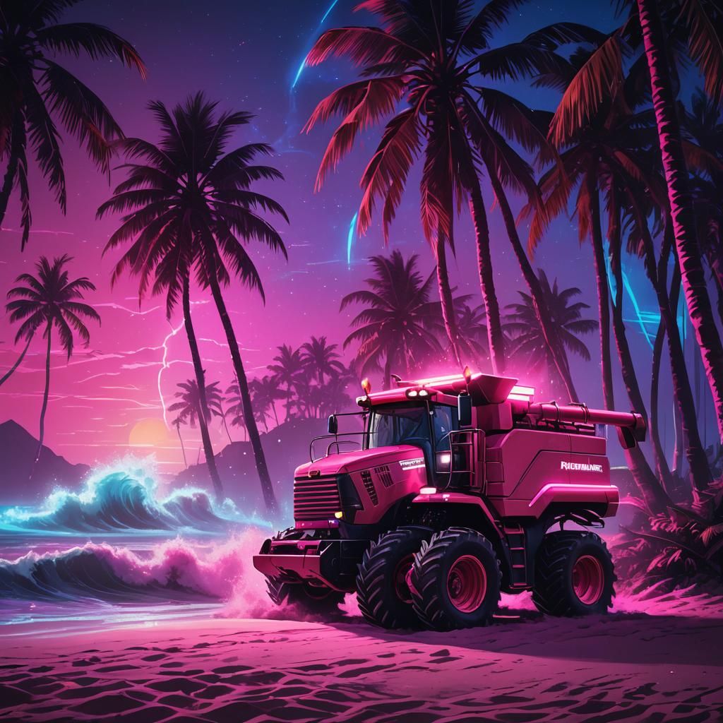 Synthwave Combine Harvester on a Neon Beach