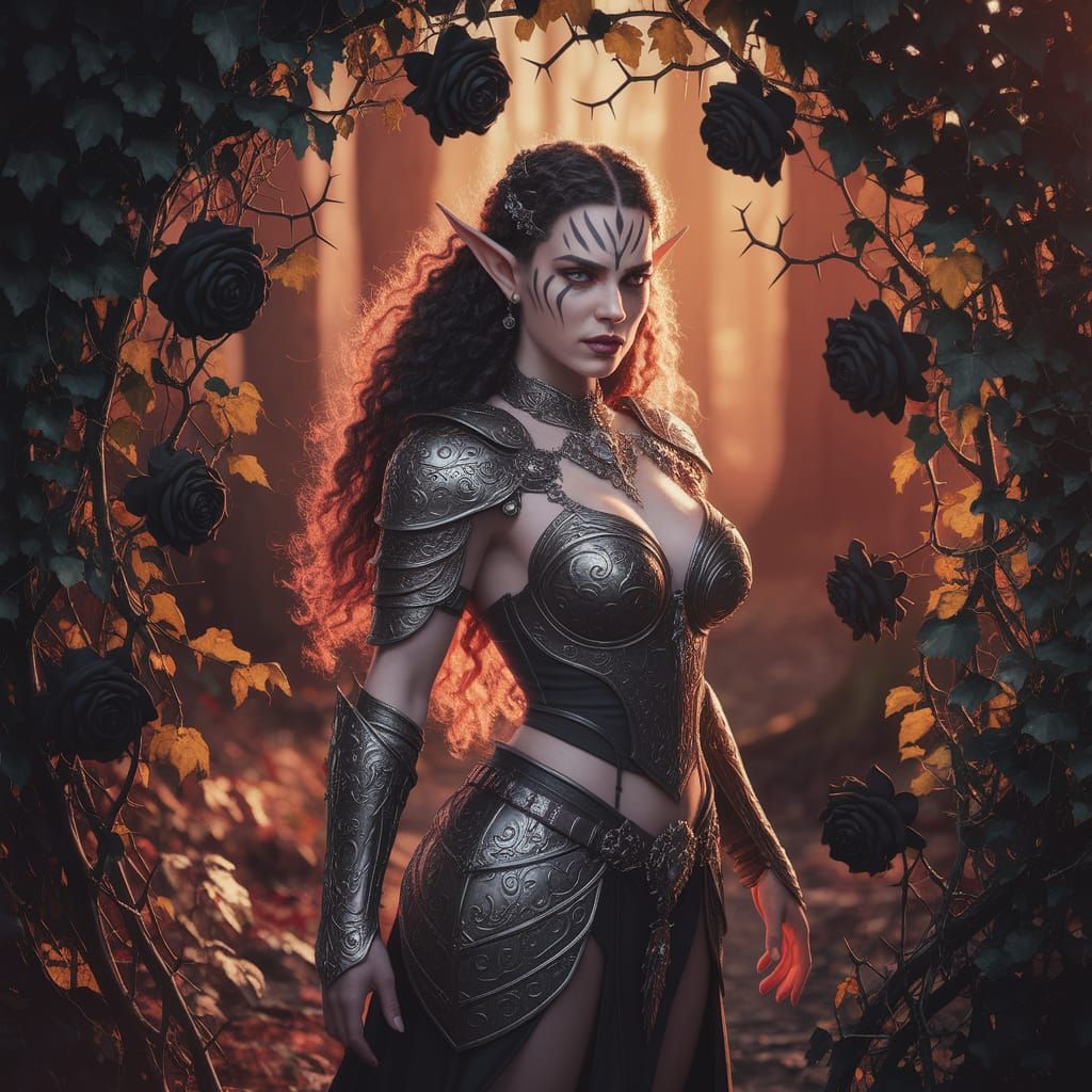 Warlock Elf Princess in Forest with Black Roses