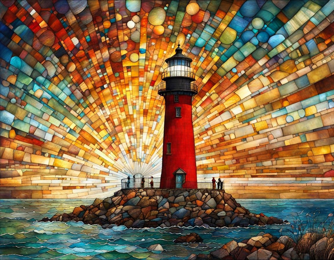 Lighthouse and Seaside in Stained Glass Art Brut Style