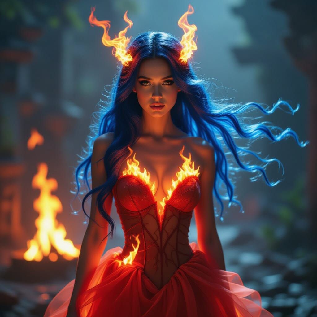 Fire Sprite with Flowing Blue Flame Hair in Cinematic Lighti...