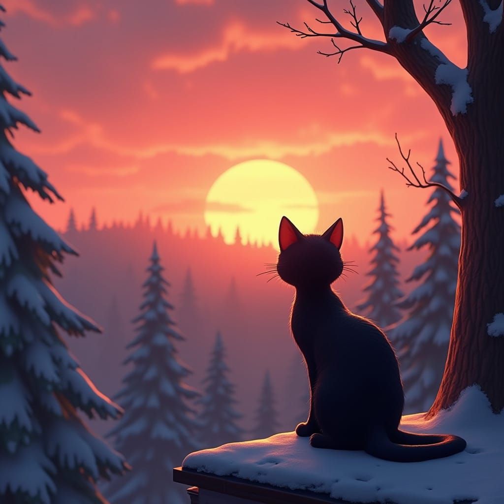 Fantastical Black Cat Surveys Snowy Woods at Sunset