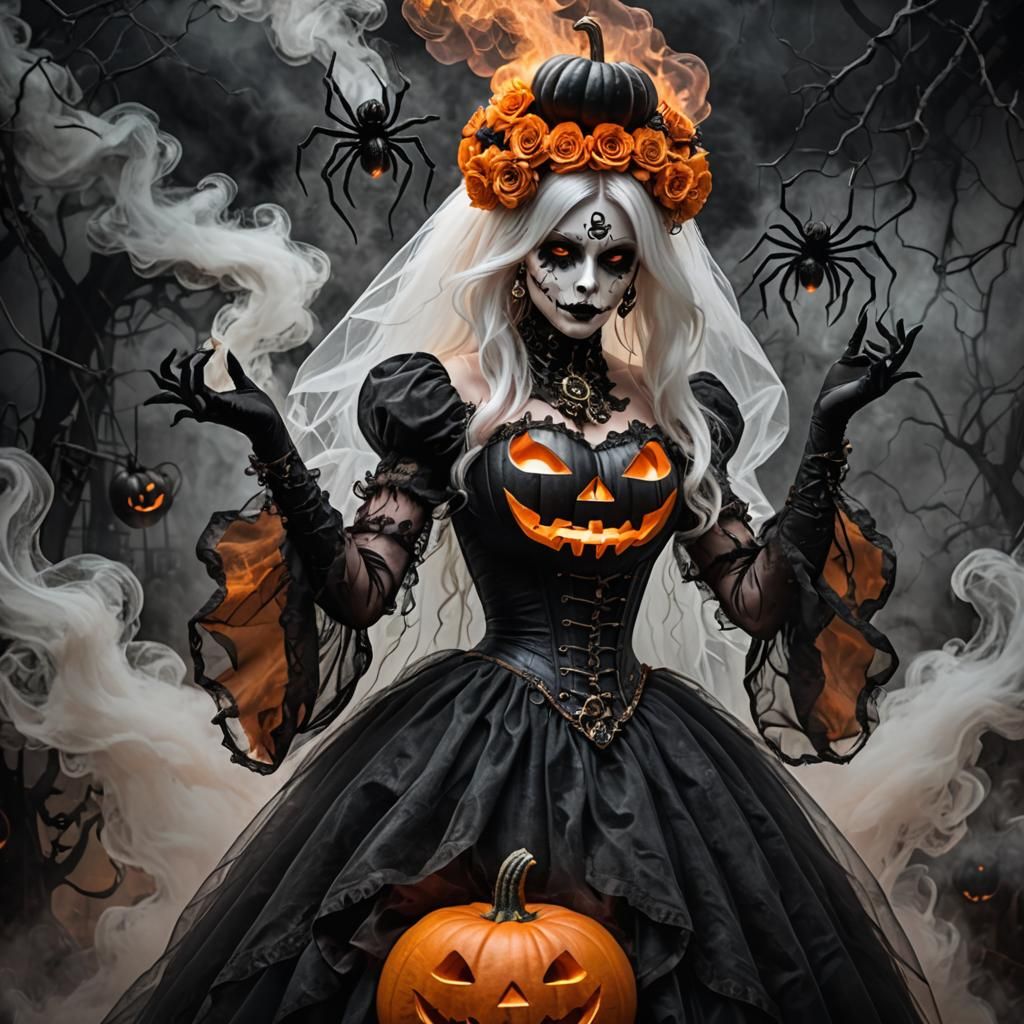 Steampunk Ghost with Halloween Pumpkin in Fiery Light