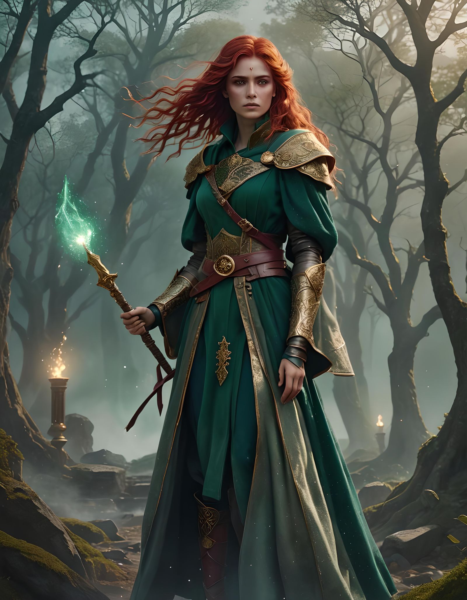 Ethereal Fantasy Warrior Maiden with Emerald Coat
