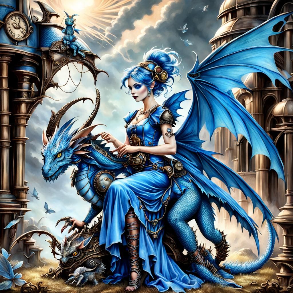 Steampunk Fairy with Baby Blue Dragon