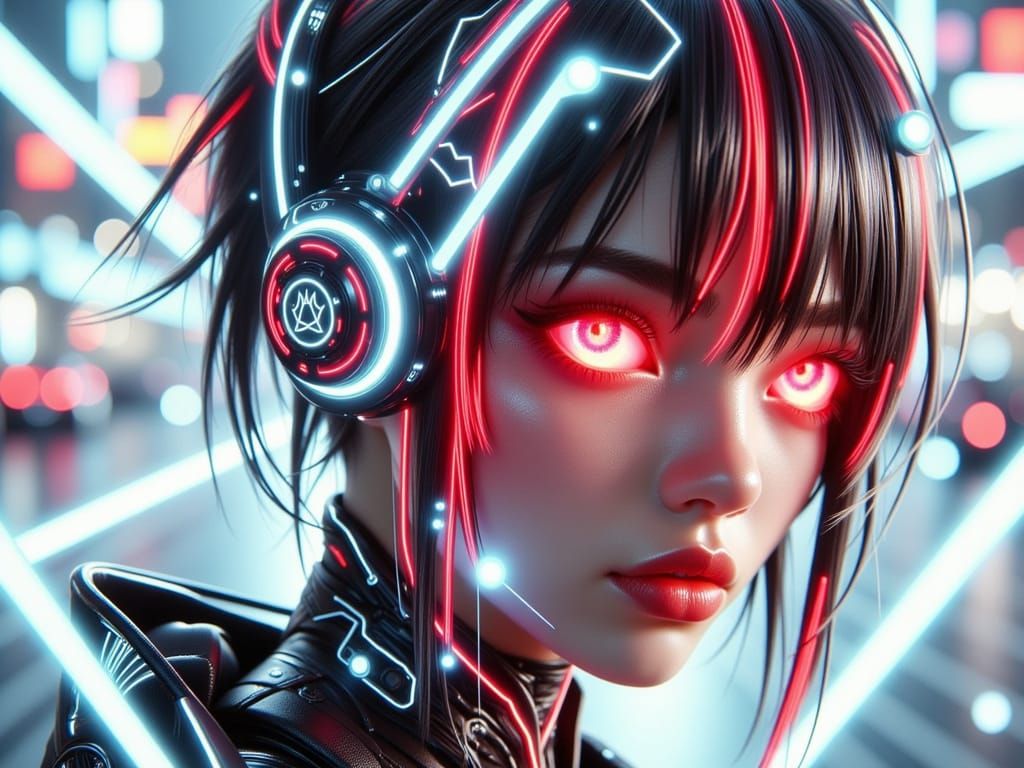 medium shot portrait. Cyberpunk woman with short striped bla...