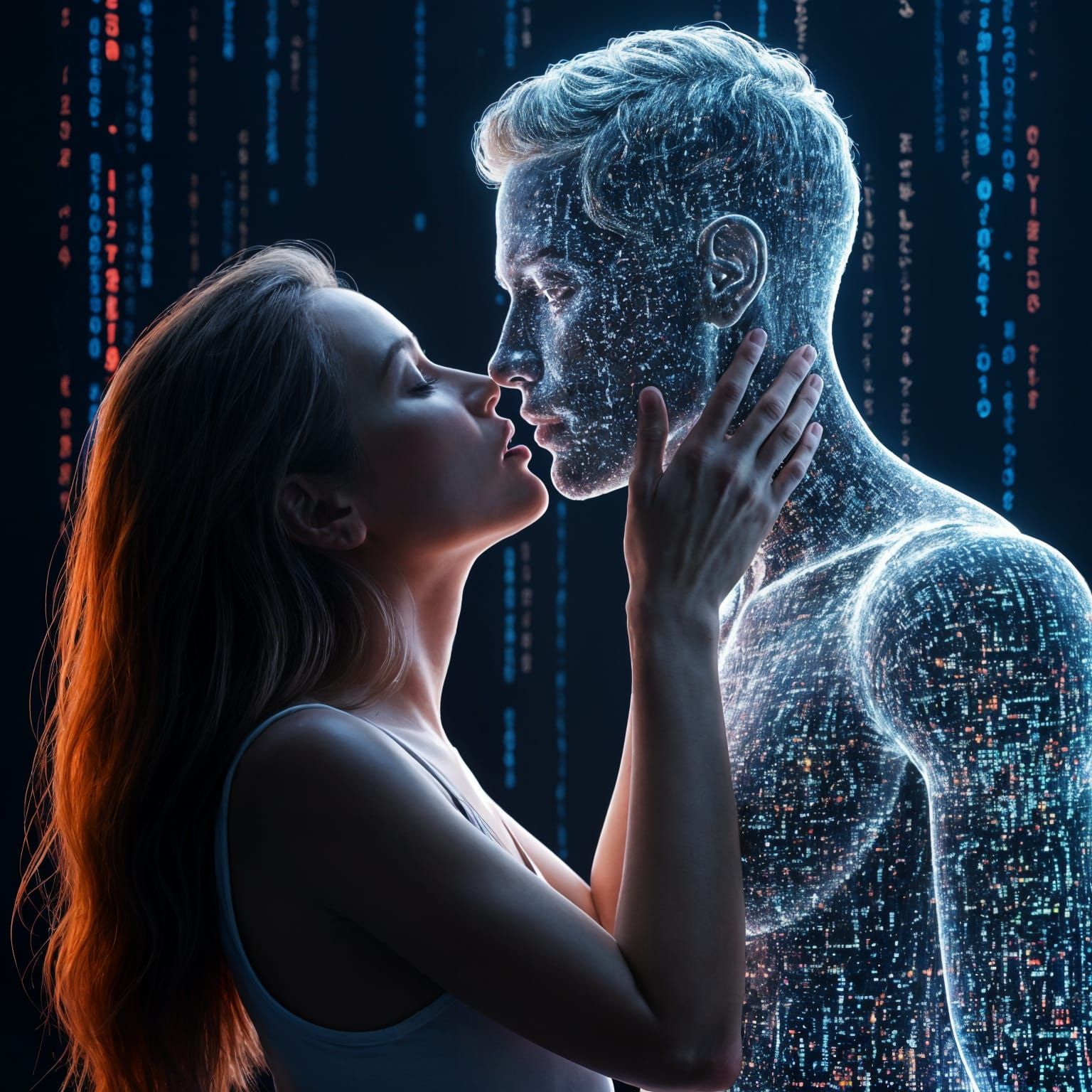 Couple Merged with Digital Code in Hyperrealistic Style
