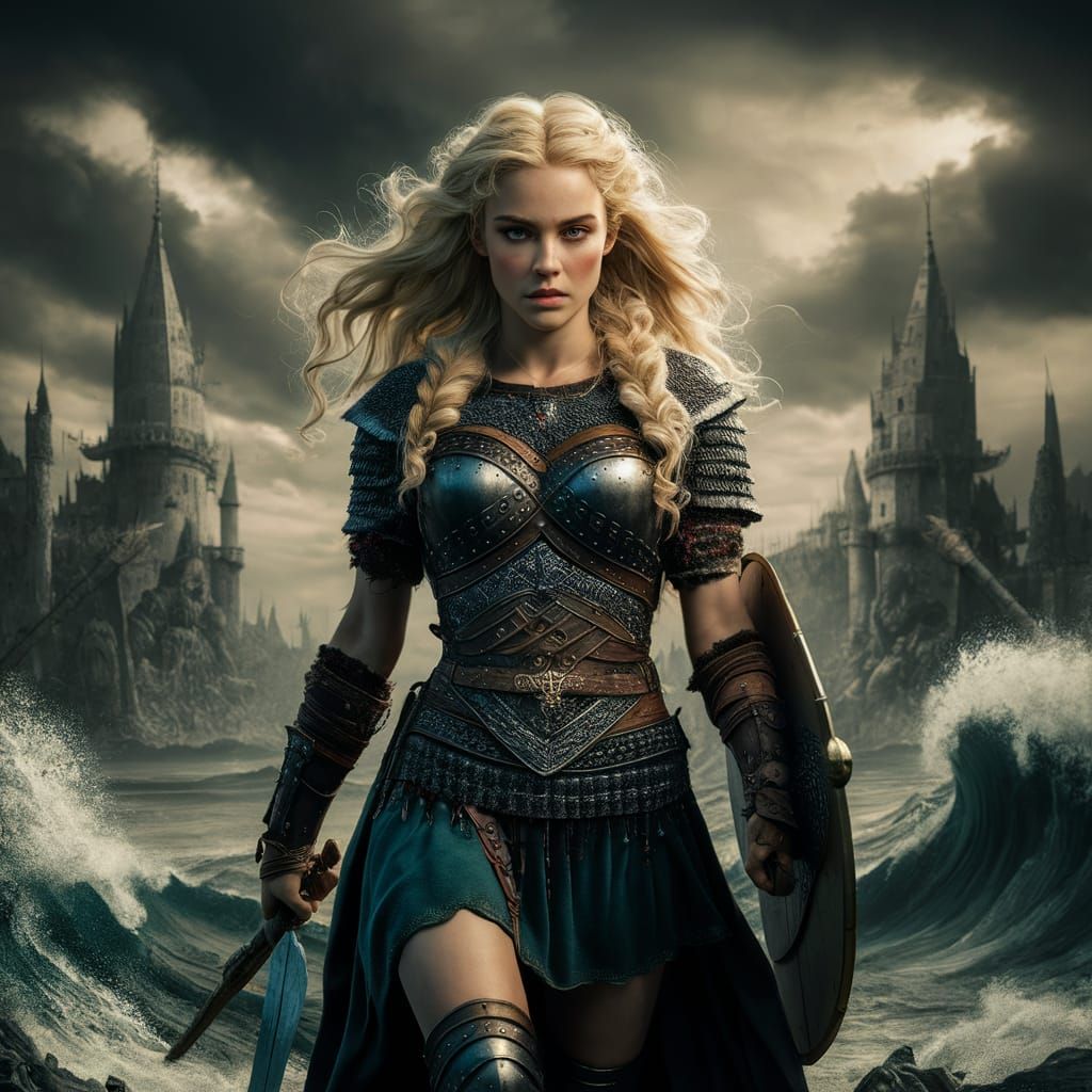 Epic Viking Shieldmaiden in Stormy Landscape