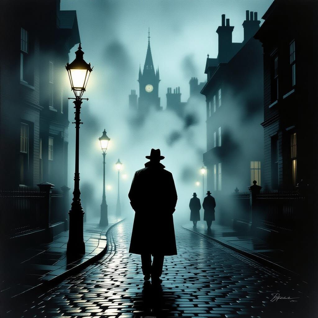 Victorian Detective in Foggy Street, Vintage Horror Poster S...