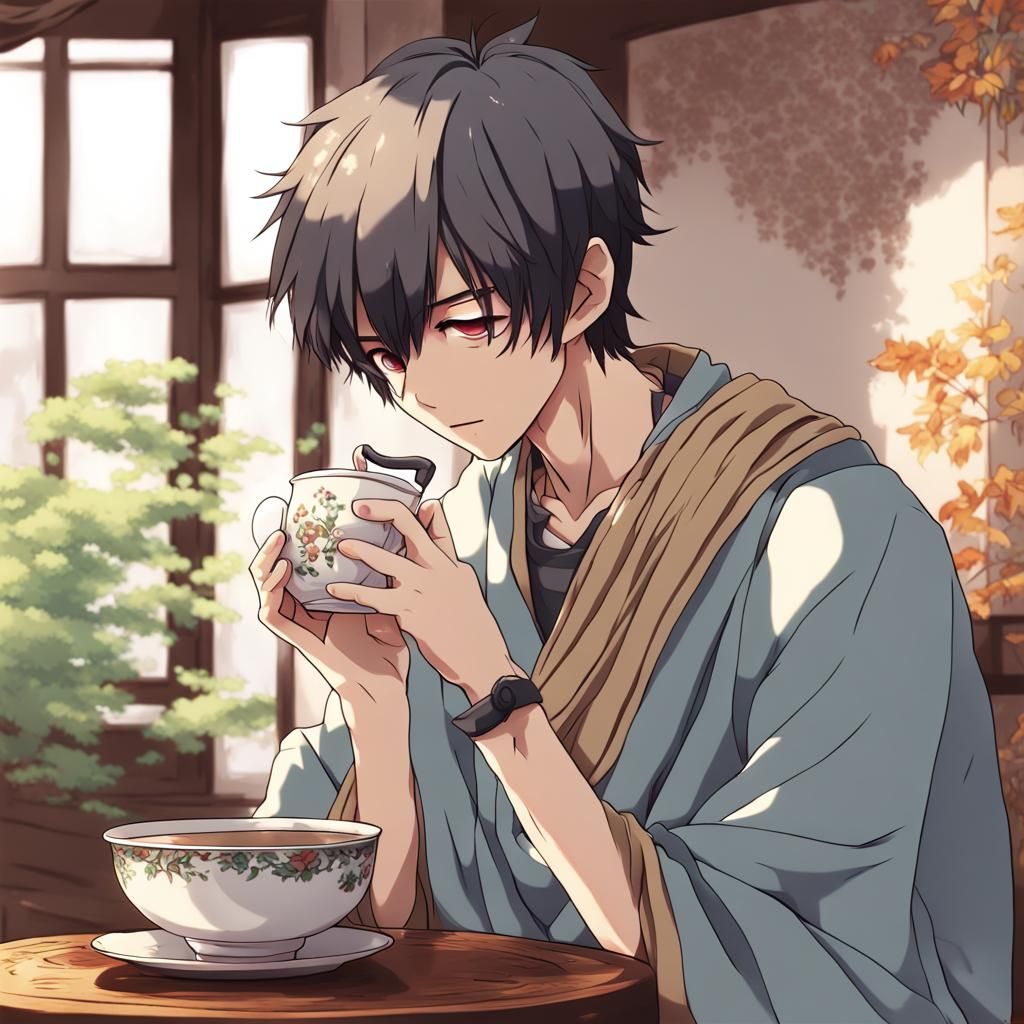 Anime Boy Enjoying Indian Tea in Manga Style