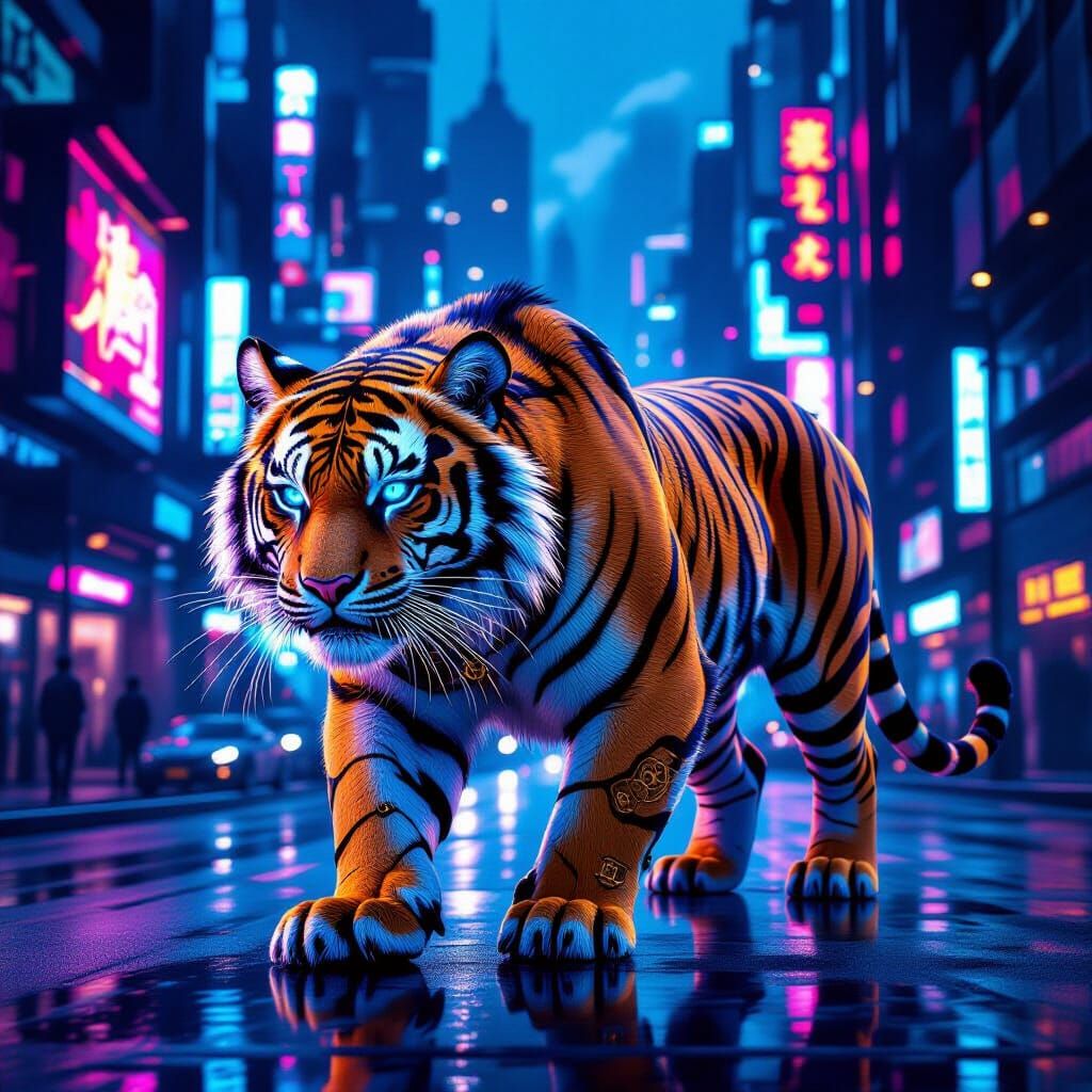 Steampunk Tiger in Neon Cyberpunk Cityscape