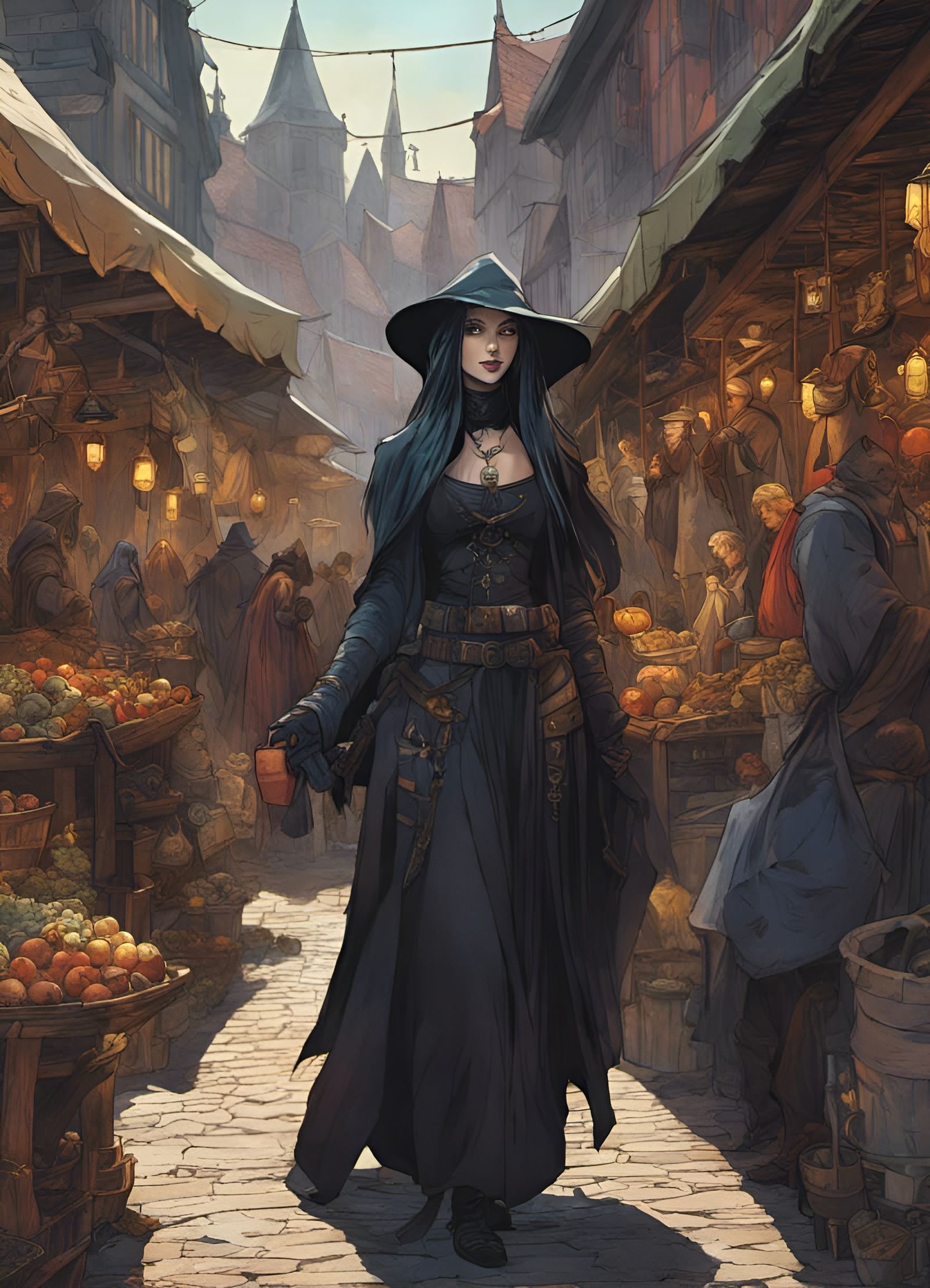 Goth Witch in Medieval Market, Dark Fantasy Art