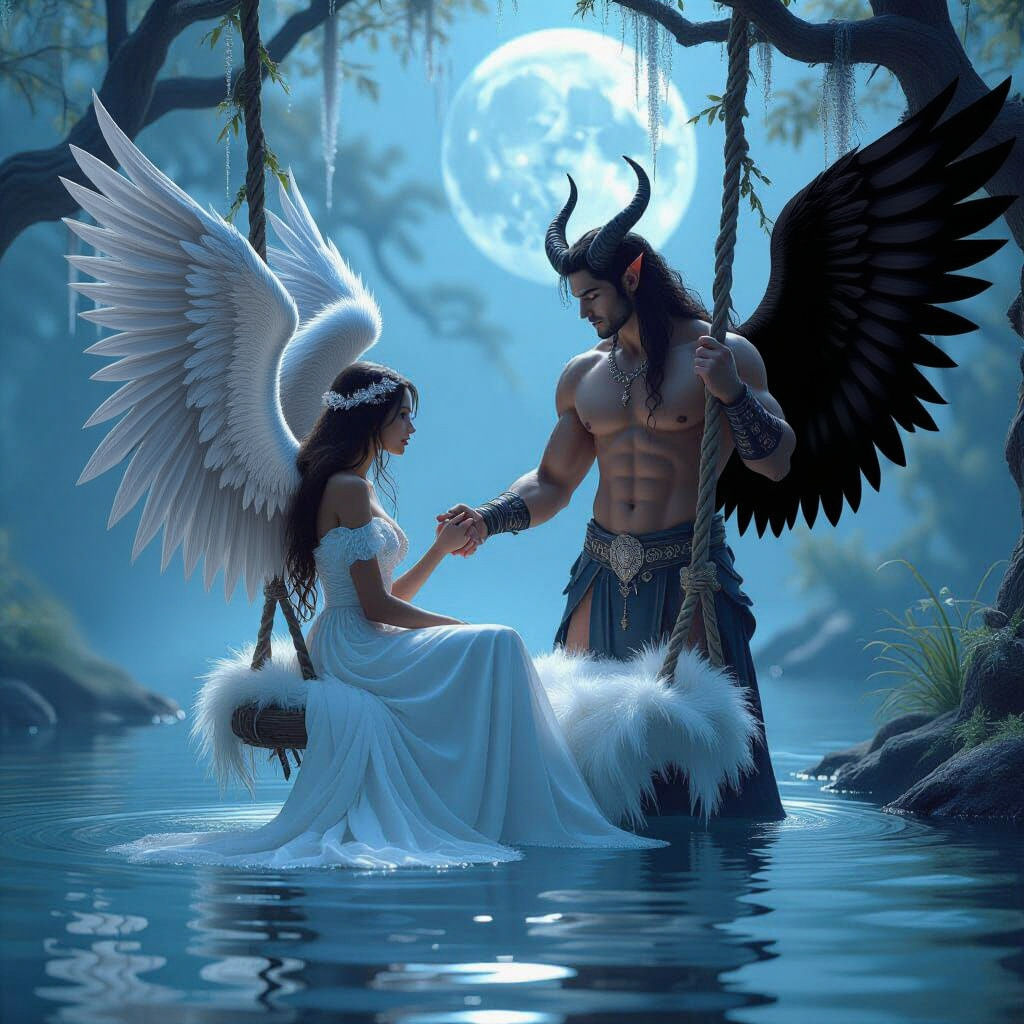 Angel on Swing with Demon in Fantasy Art