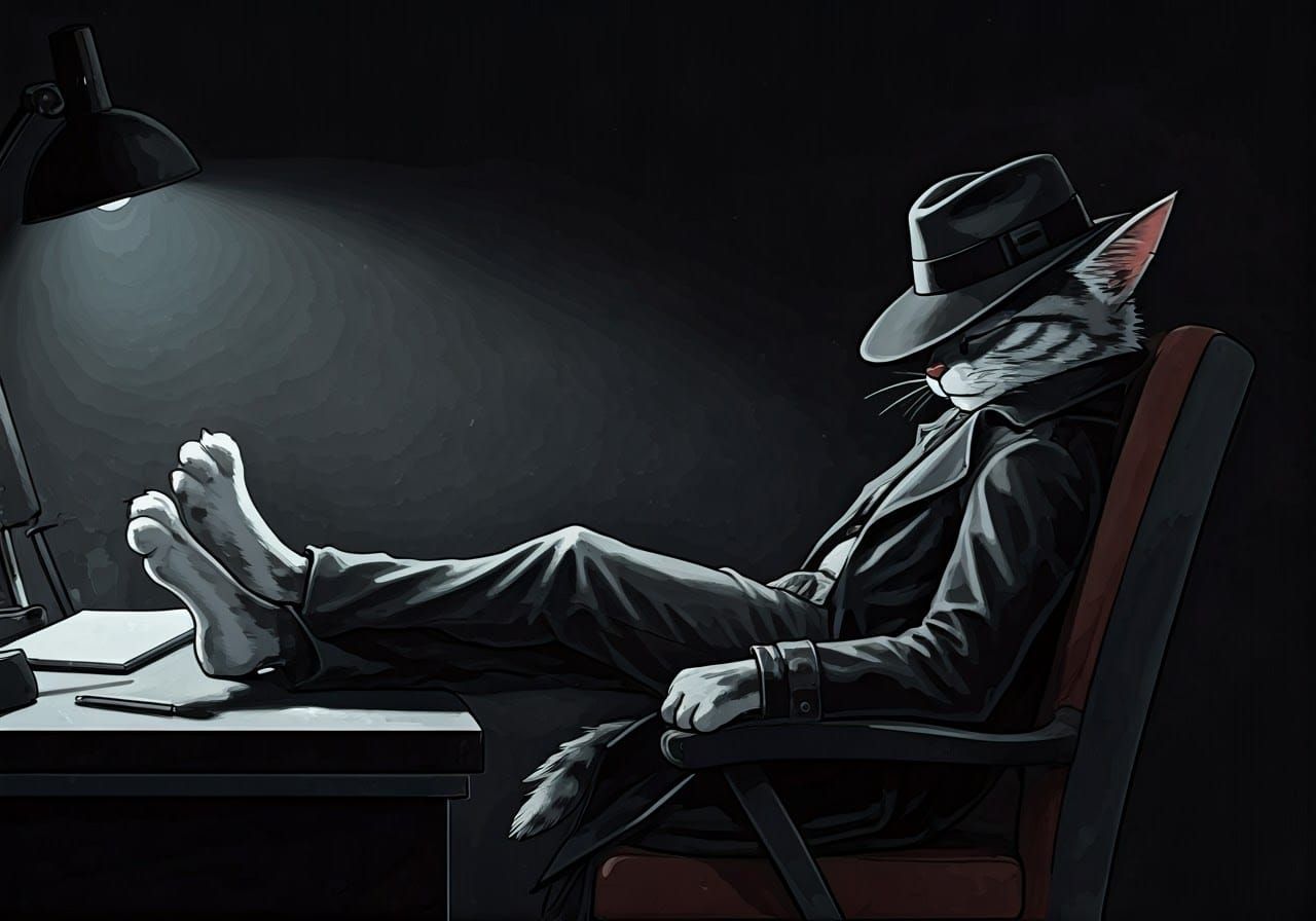 Mysterious Cat Detective Slumbers in Neo-Noir Style