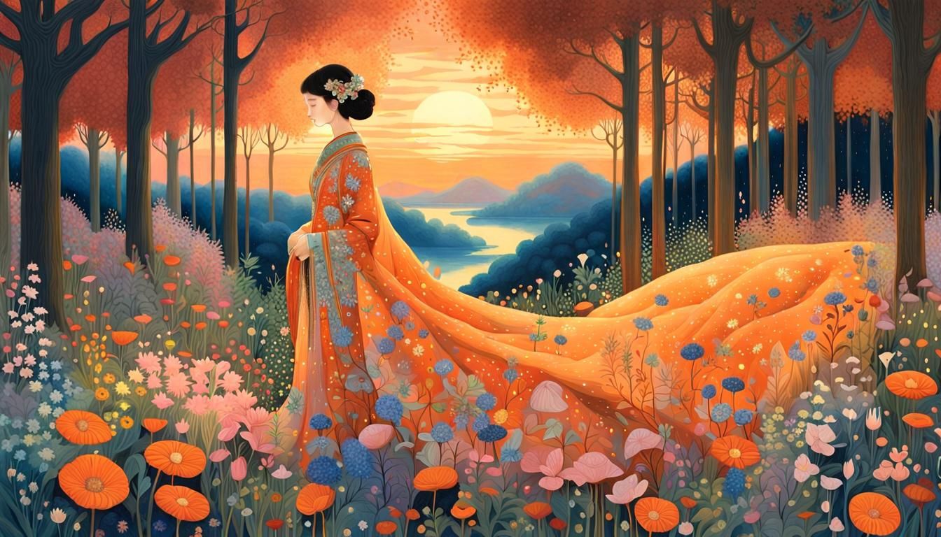 Sunset Hybrid in Enchanted Forest, Magical Realism