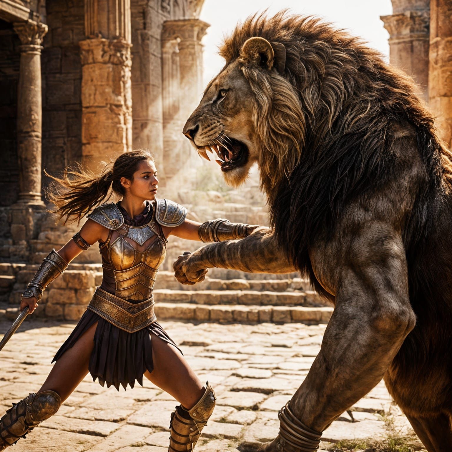 Hyperrealistic Female Gladiator Fights Lion in Colosseum