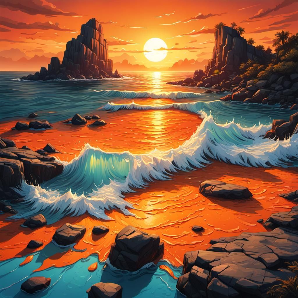 Orange Sunset on Blue Sea: Digital Matte Painting