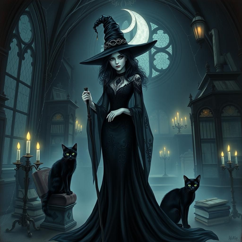 Gothic Witch and Black Cat in Victorian Mansion