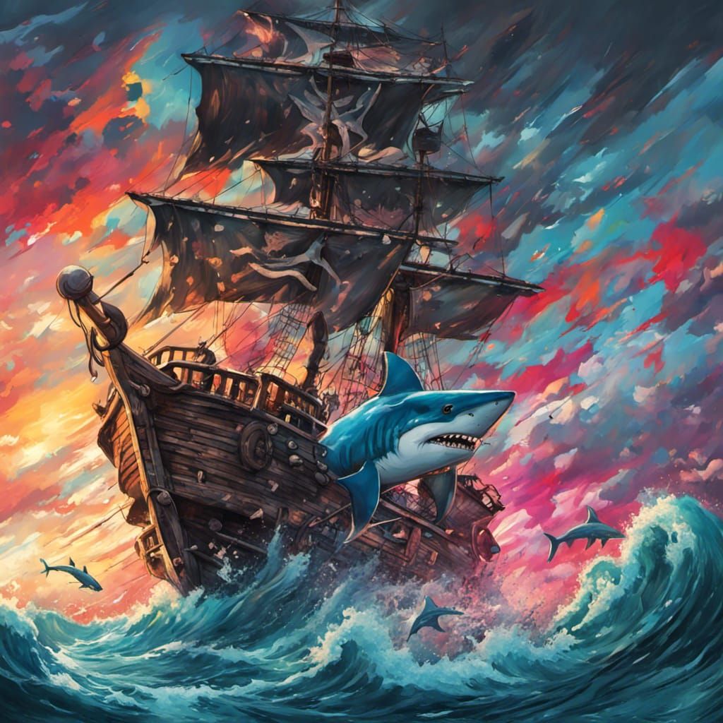 Pirate Ship Soars Above Shark-Infested Ocean: Graffiti Art