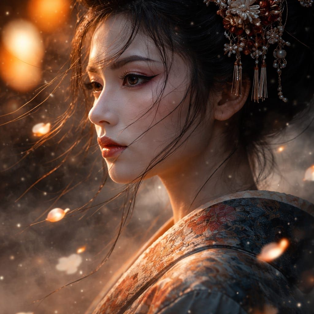 Cinematic Geisha Portrait with Glowing Petals