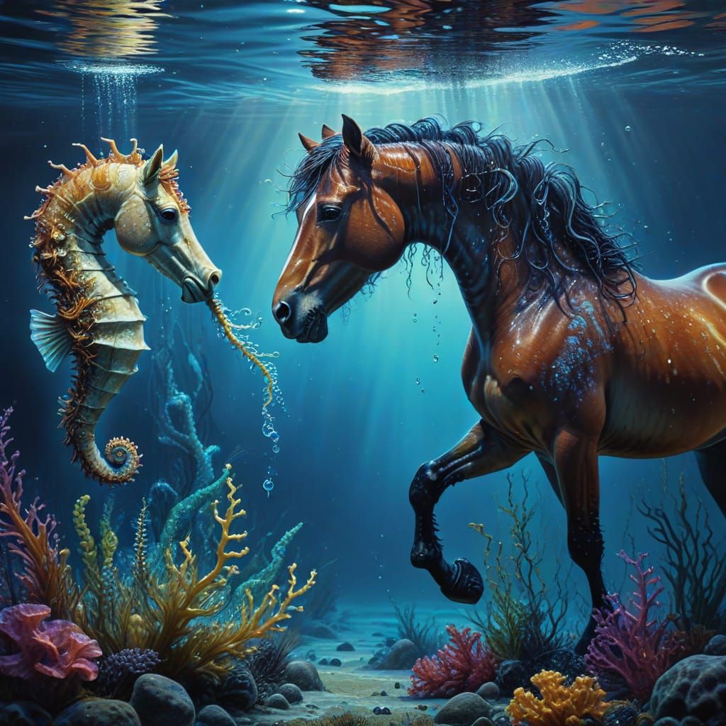 Underwater Horse and Seahorse Chat in Surreal Oil Painting