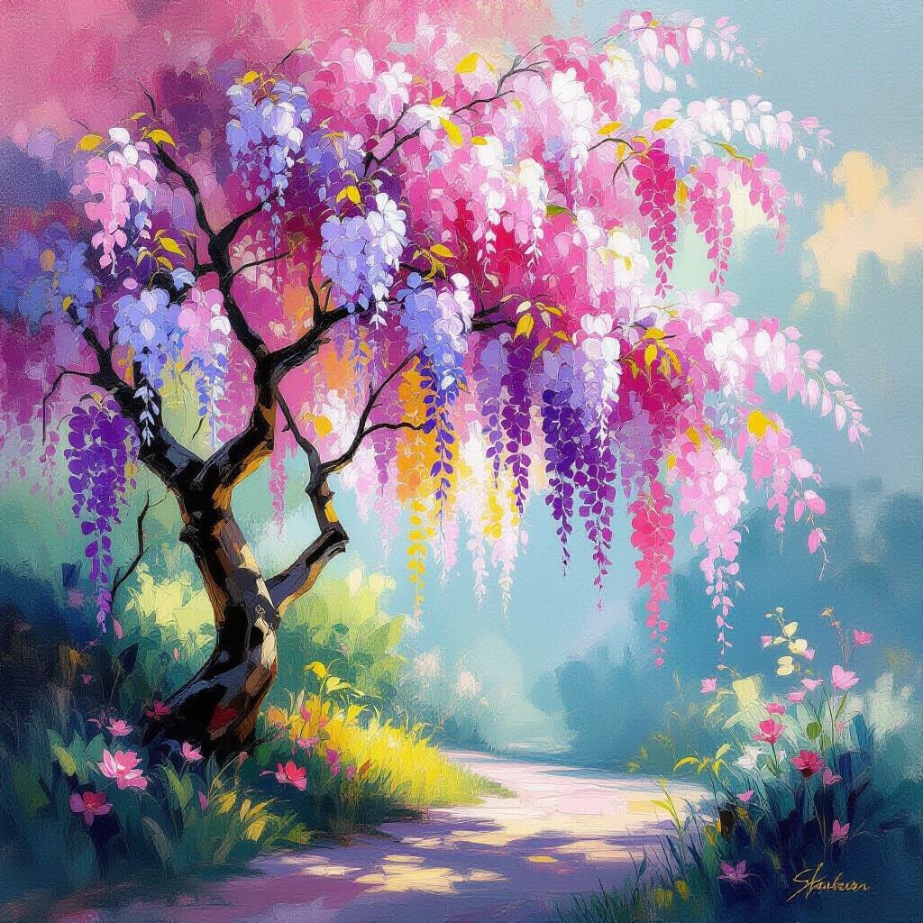 Wisteria Tree: Impressionistic Painting with Shimmering Gold