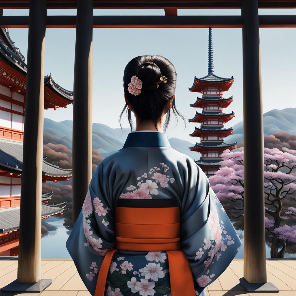 Woman in Kimono Gazing at Pagoda