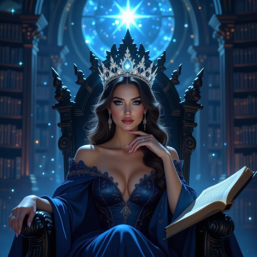 Regal Queen on Obsidian Throne in Cosmic Library