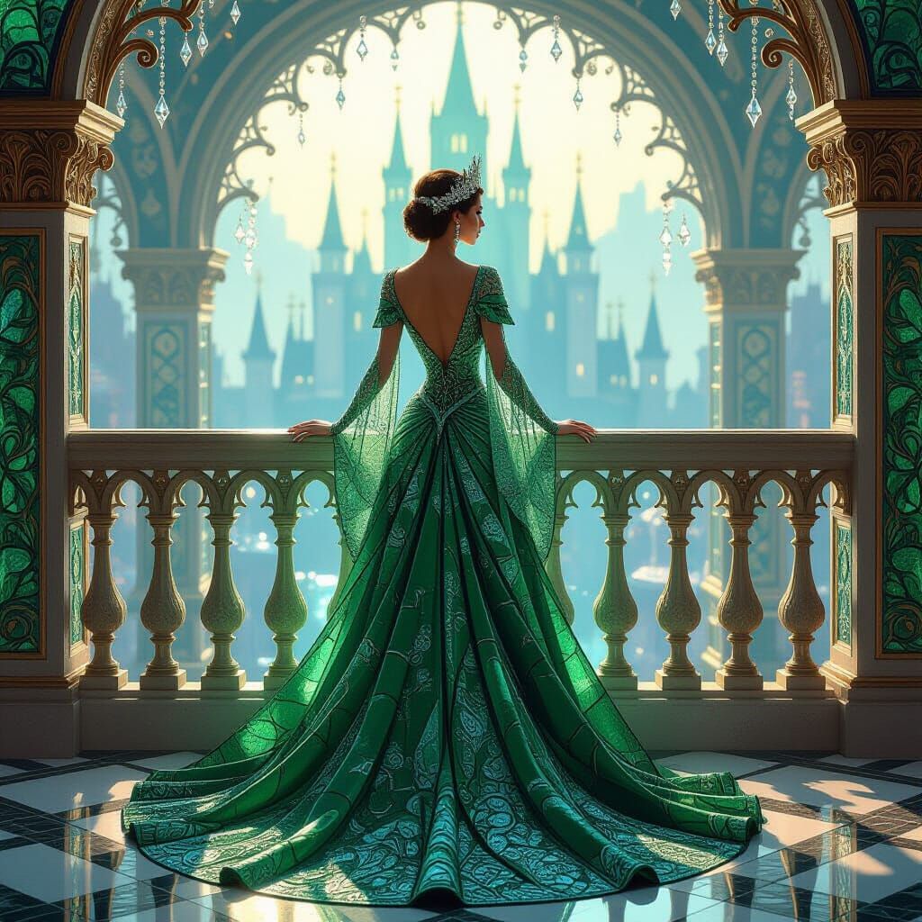 Regal Queen in Emerald Gown Overlooking Fantasy Kingdom