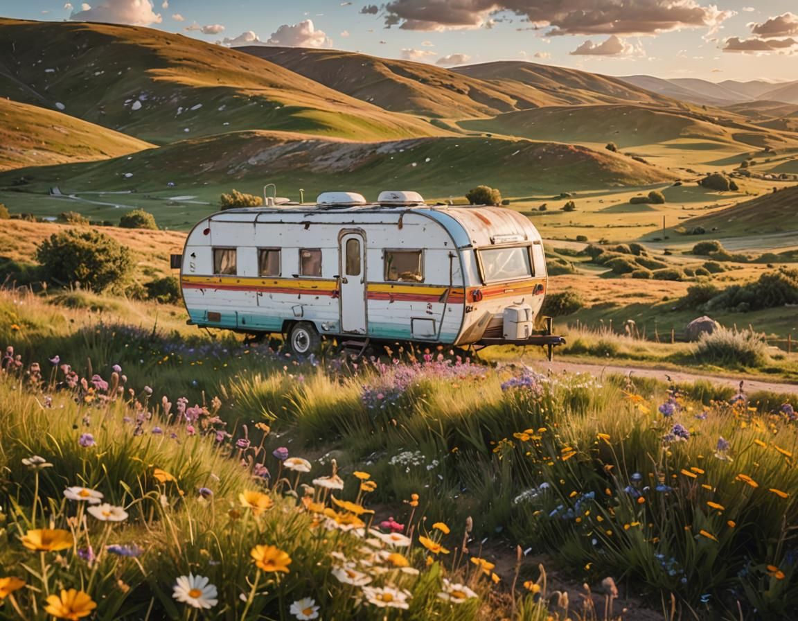 Colorful Caravan in Sunny Landscape Photography