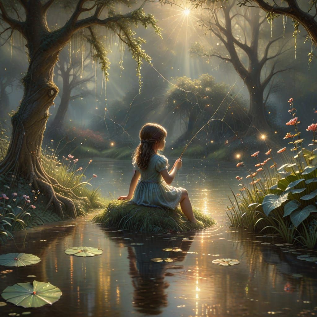 Whimsical Girl Fishing in Enchanted Forest Pond