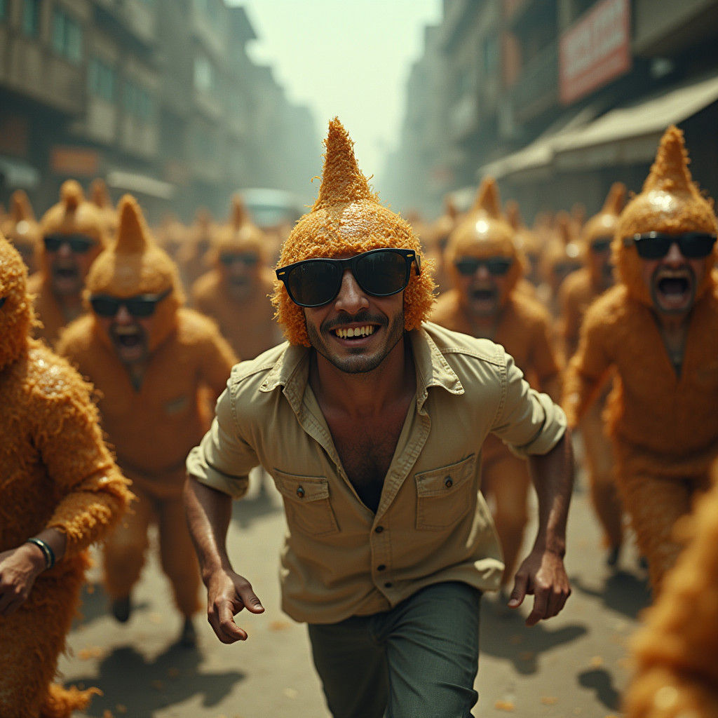 Man Fleeing Chebureks in a Dystopian Film Still