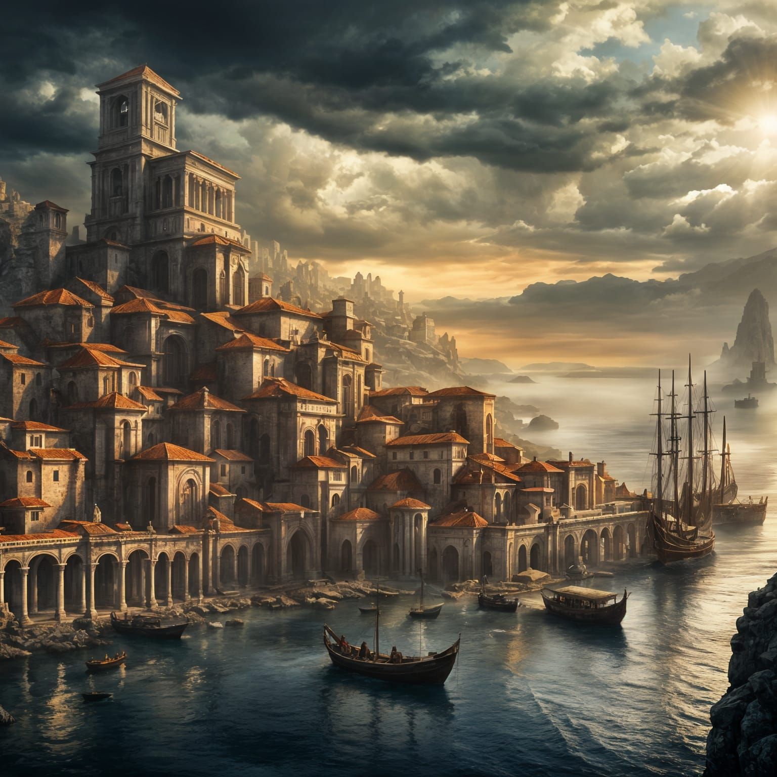 Dark Fantasy Roman Port City by the Ocean