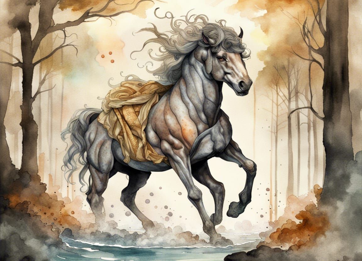 mythology creature  ornate belts and toga like wrap, sfw, full body in frame, body all facing same direction, four...