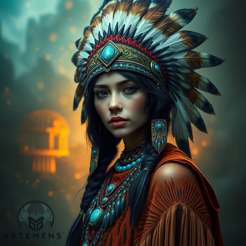 Mystical Native American Princess in Emerald and Amber