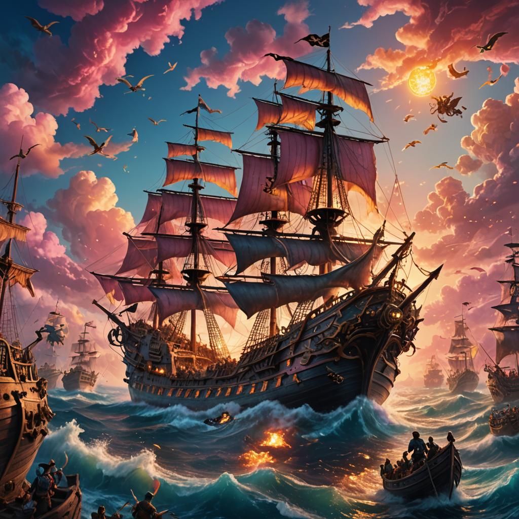 Dragon Riders Attack Pirate Ship at Sunset
