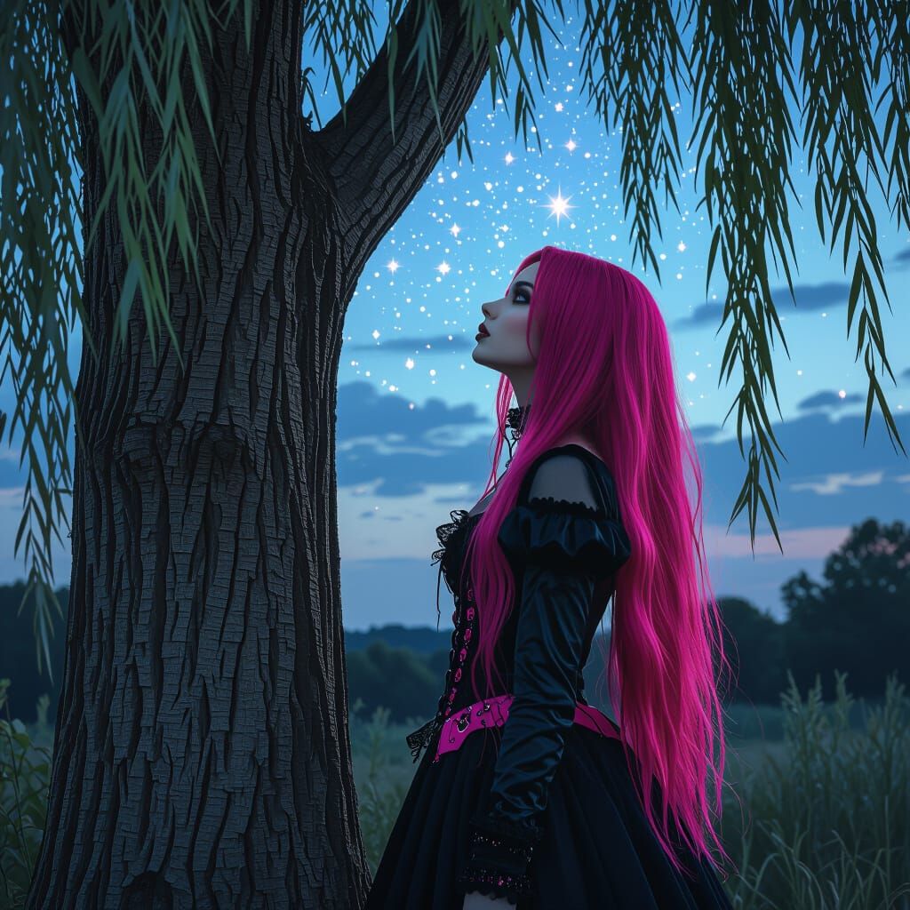 Gothic Emo Girl Gazes at Stars Under Willow Tree