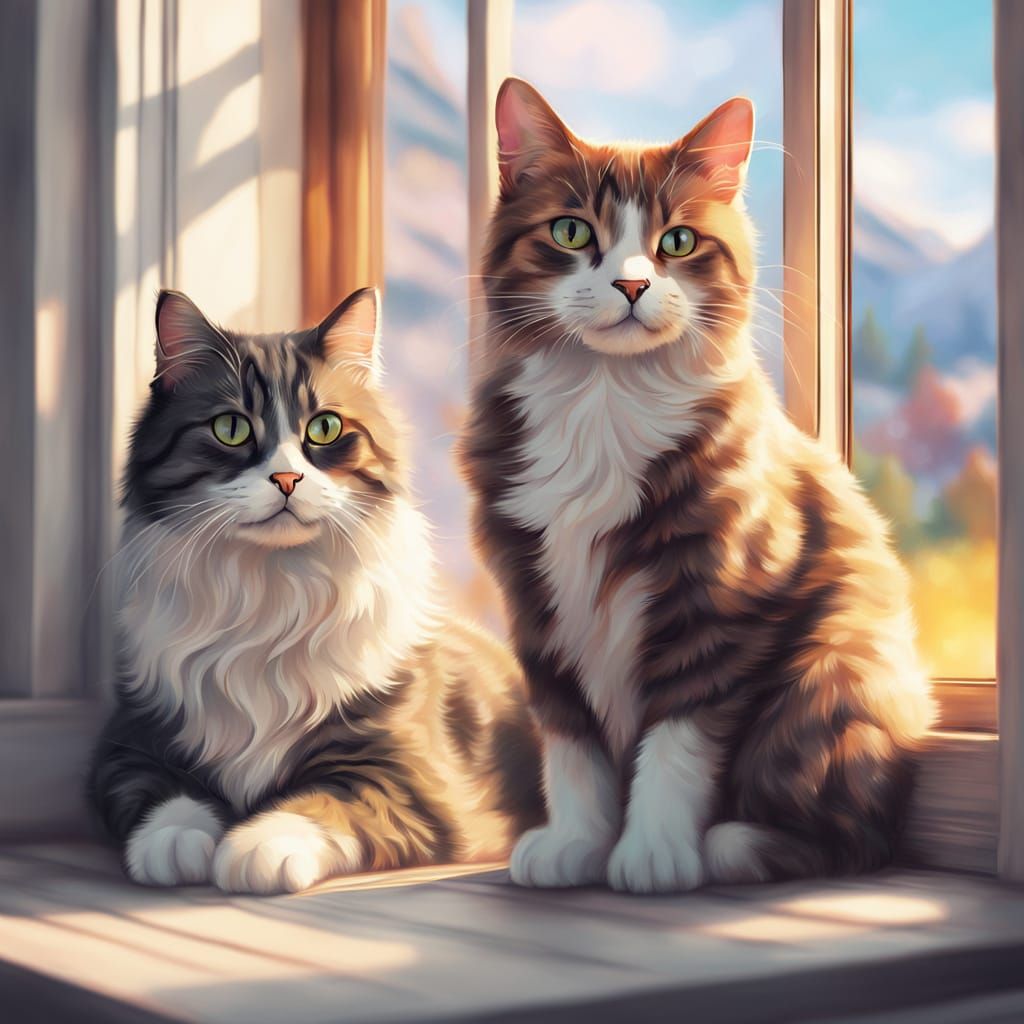 Whimsical Digital Art of Furry Friends on a Sunny Windowsill