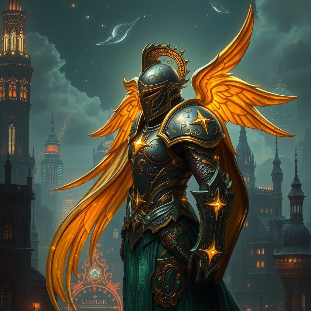 Celestial Guardian Over Gothic Metropolis in Dark Fantasy St...