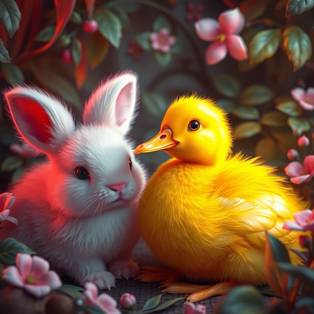 Vibrant Duck and Bunny in Whimsical Dreamlike Environment