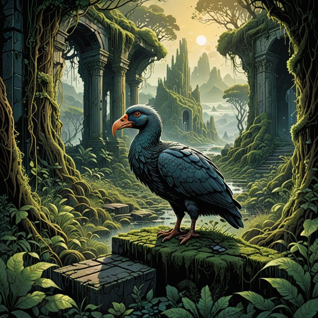 bird wanders through overgrown ruins, its curious gaze fixed...