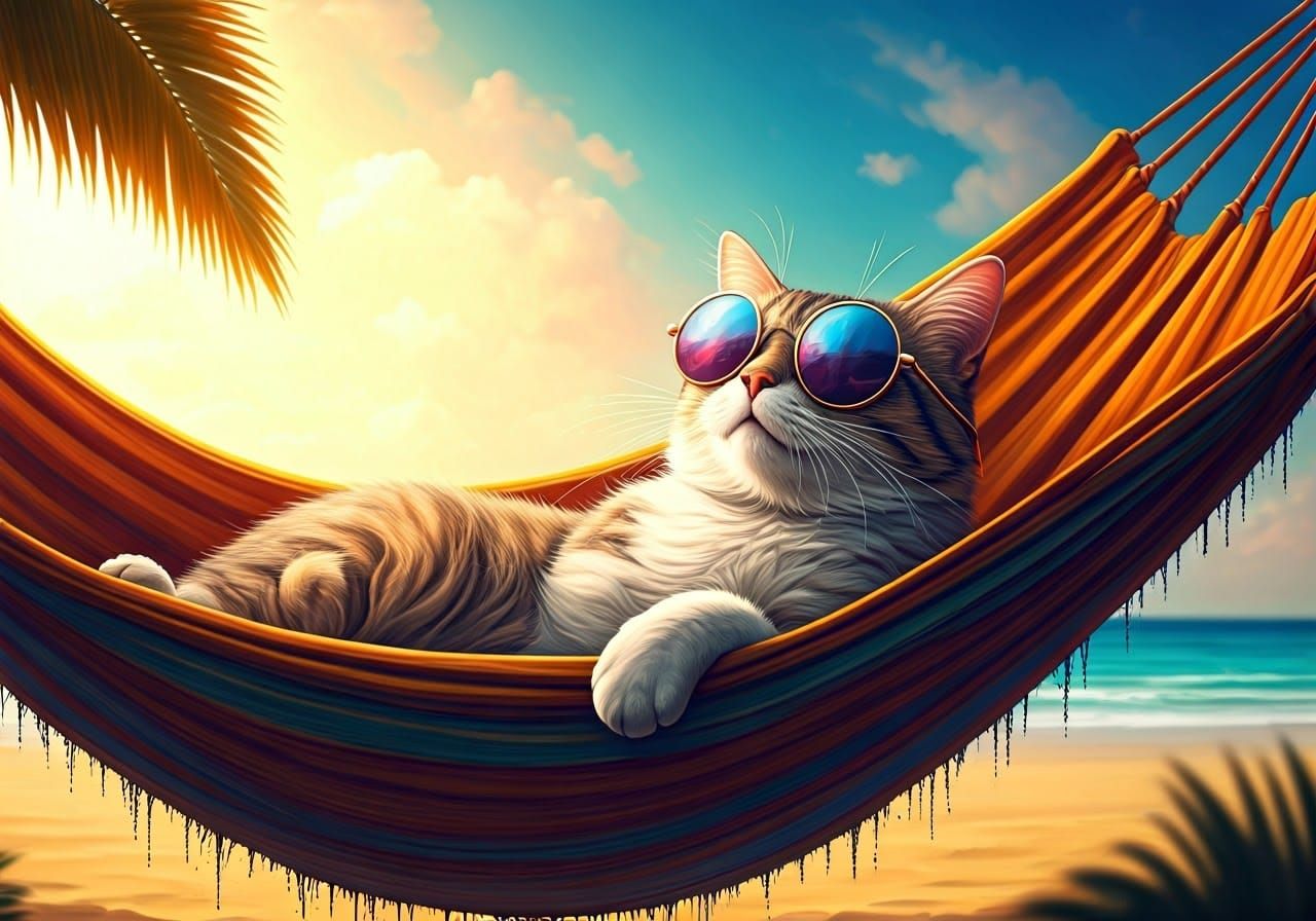 Cat in Hammock on Beach: Hyperrealistic Splash Art