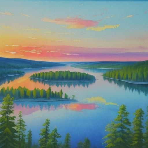 Swedish Lake Sunrise: Gouache Impressionist Painting