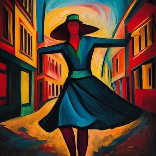 Woman Dancing in Expressionist Cityscape