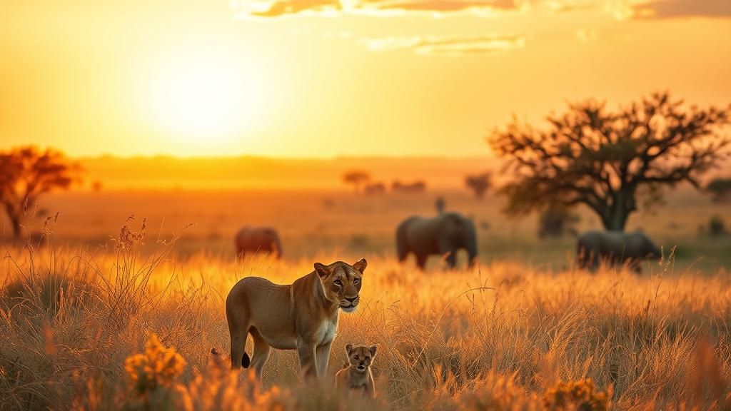 Lioness and Cub at Sunset: Impressionistic Oil Painting