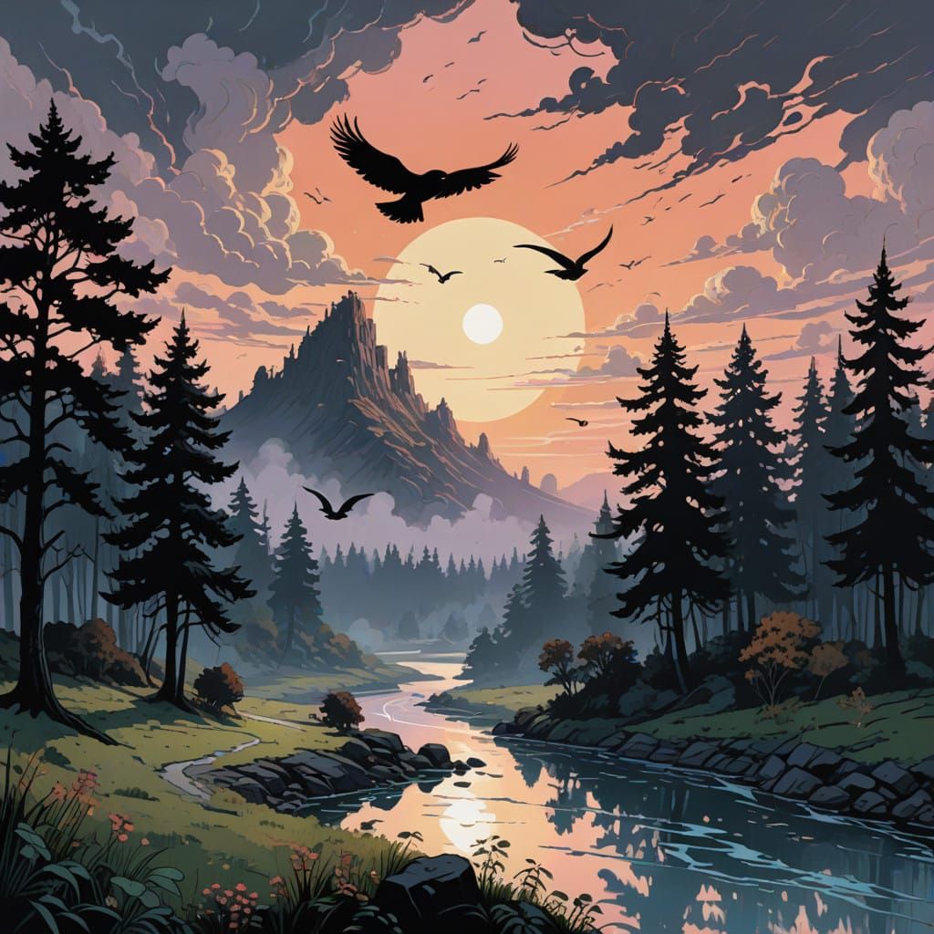 Birds Take Flight at Dawn in Dark Fantasy Style