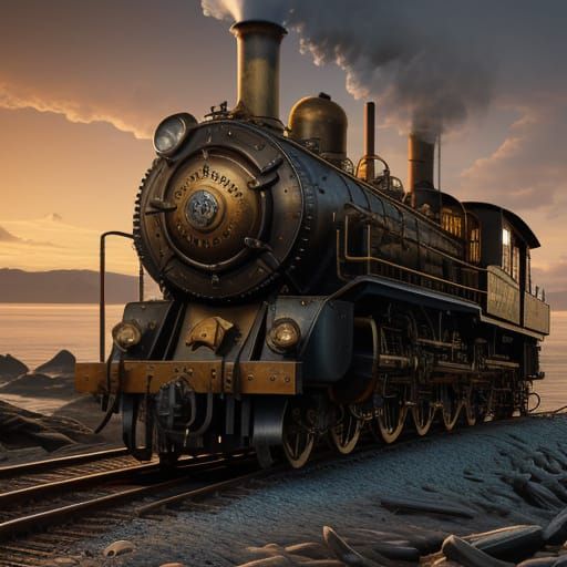 Steampunk Steam Engine Amidst a Mediterranean Sunset