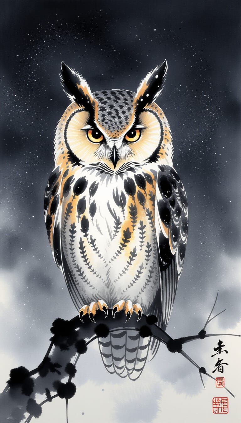 Ancient Wise Owl in Chinese Ink Style
