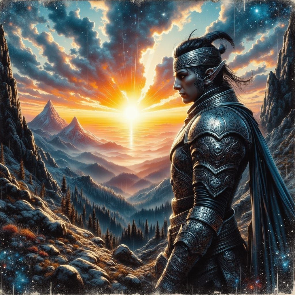 Majestic Elf Warrior on Mountain Peak in Painterly Style